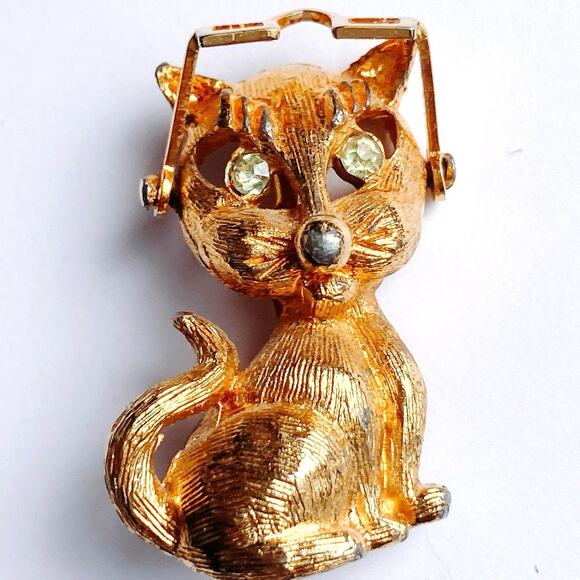 Unusual VTG 1960s Brooch Movable Glasses Cat Rhinestone Eyes Mid Century Pin - Picture 6 of 10